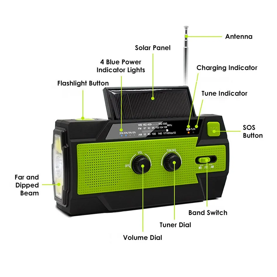 2020 Emergency Radio Flashlight Solar USB Battery Hand Crank Powered Radio AM/FM/WB 4000mA Power Bank Flashlight IPX3 Waterproof