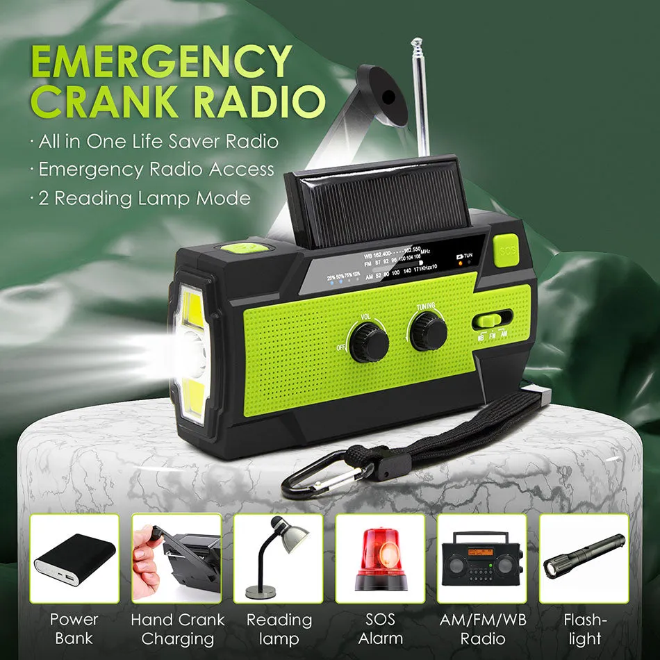 2020 Emergency Radio Flashlight Solar USB Battery Hand Crank Powered Radio AM/FM/WB 4000mA Power Bank Flashlight IPX3 Waterproof