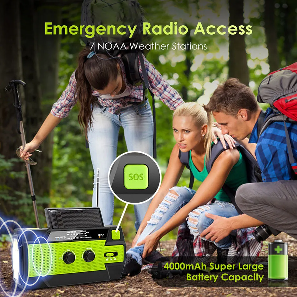 2020 Emergency Radio Flashlight Solar USB Battery Hand Crank Powered Radio AM/FM/WB 4000mA Power Bank Flashlight IPX3 Waterproof