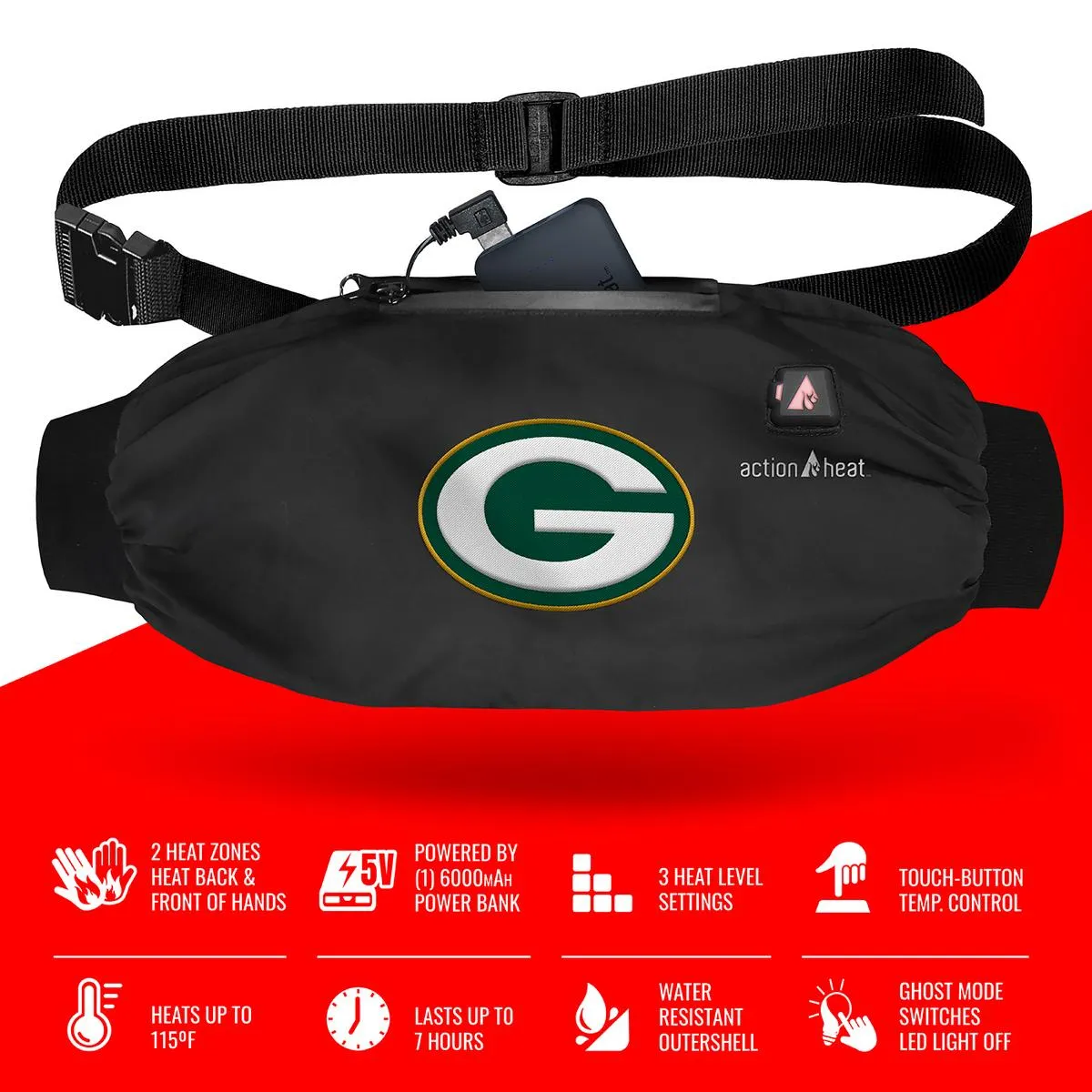 ActionHeat Green Bay Packers 5V Battery Heated Hand Muff