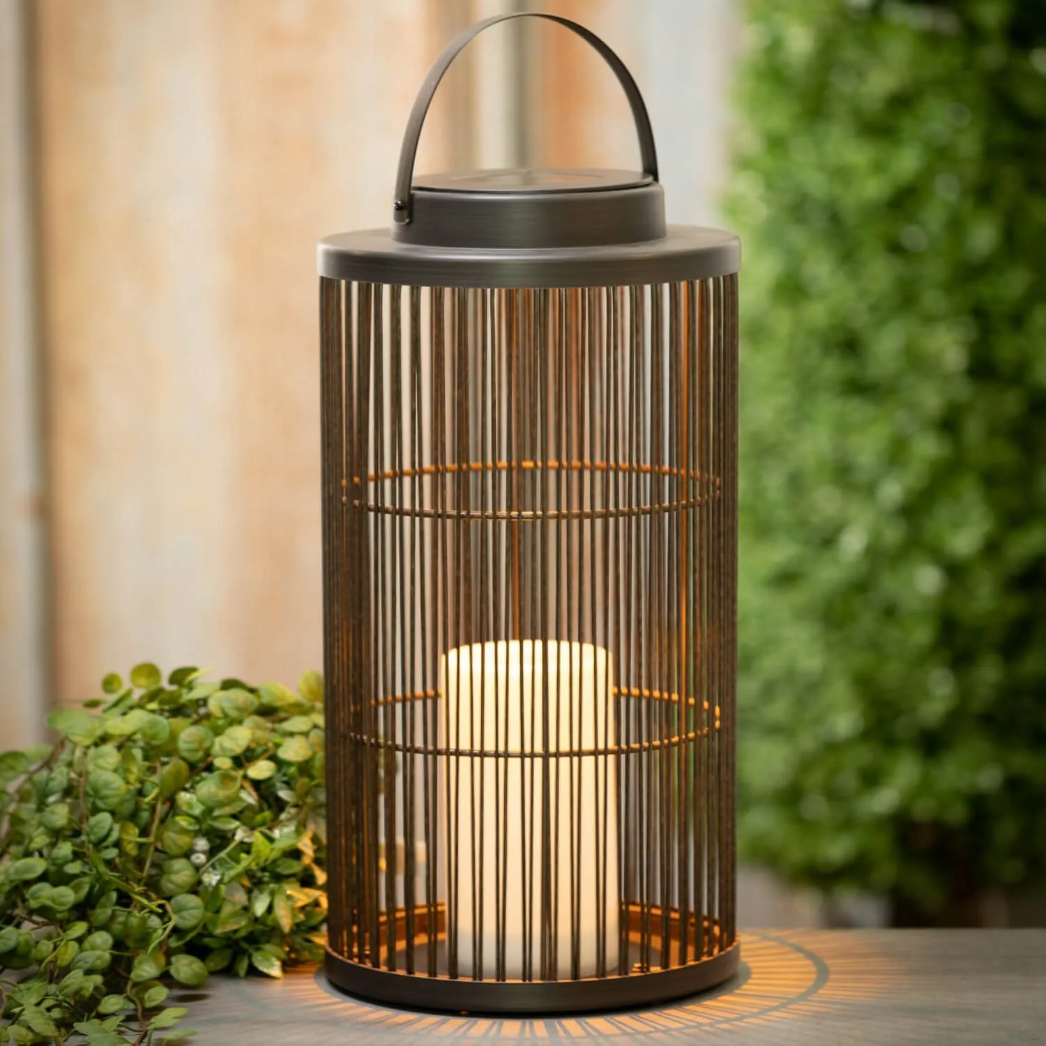 Black Caged Solar Lantern With LED Pillar Candle