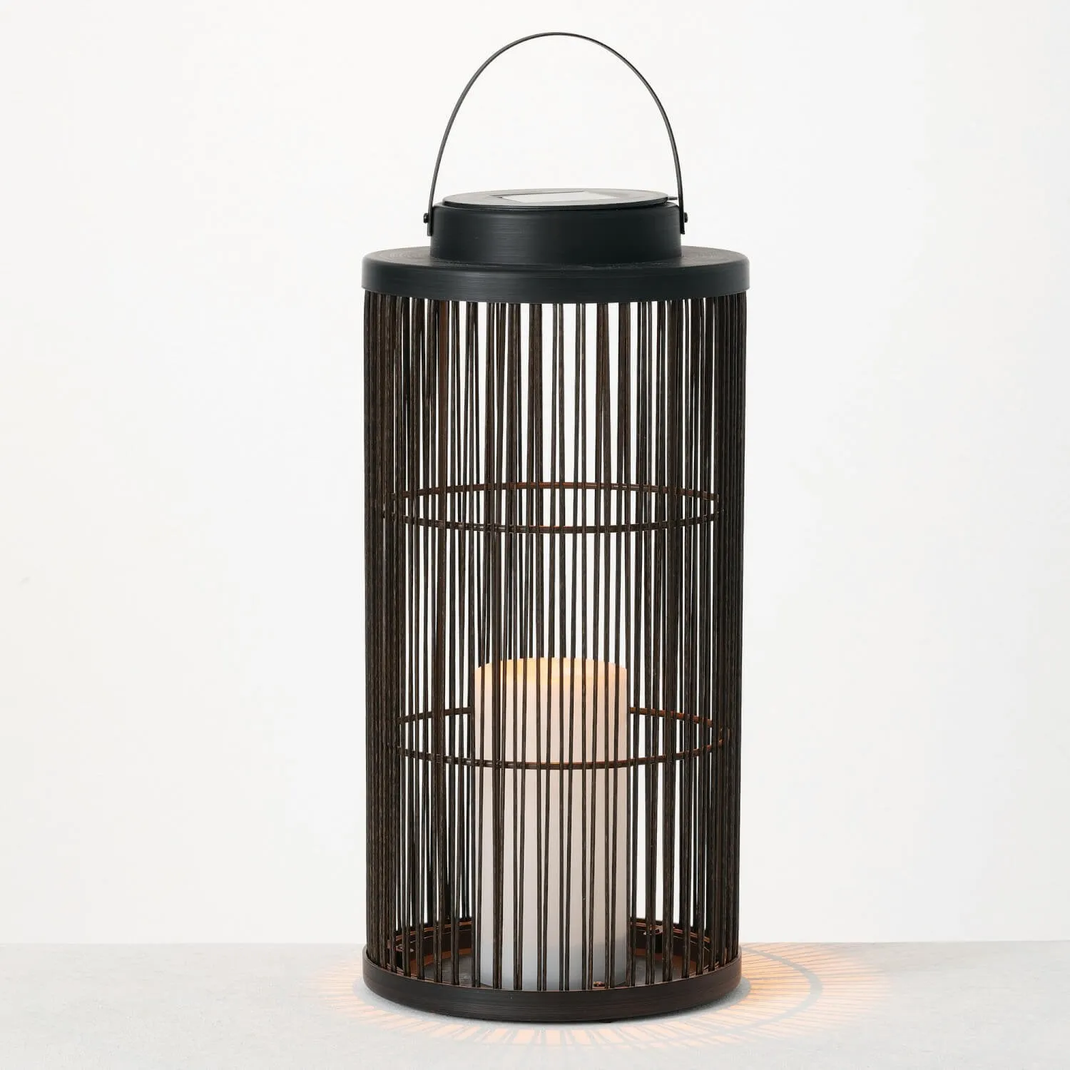 Black Caged Solar Lantern With LED Pillar Candle