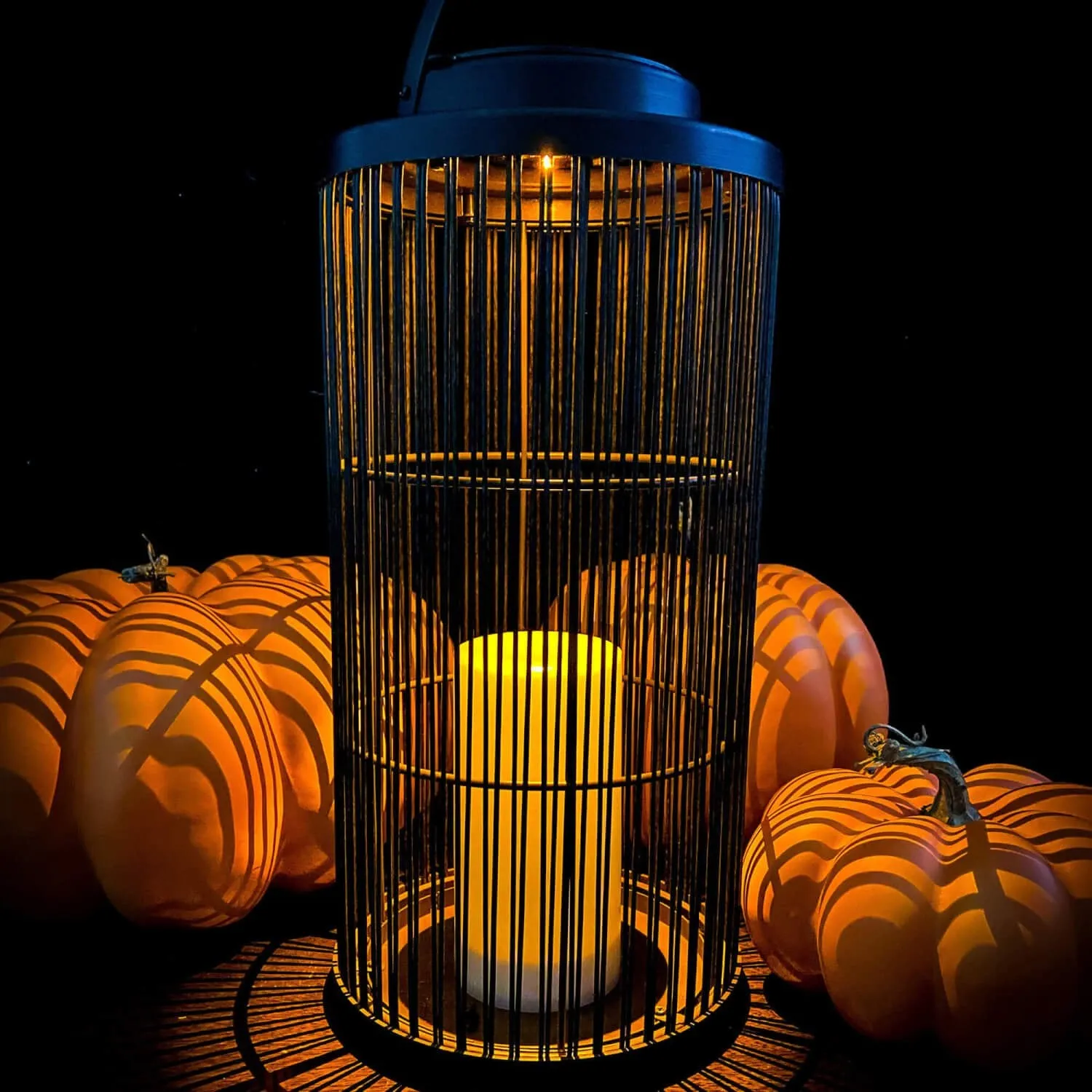 Black Caged Solar Lantern With LED Pillar Candle