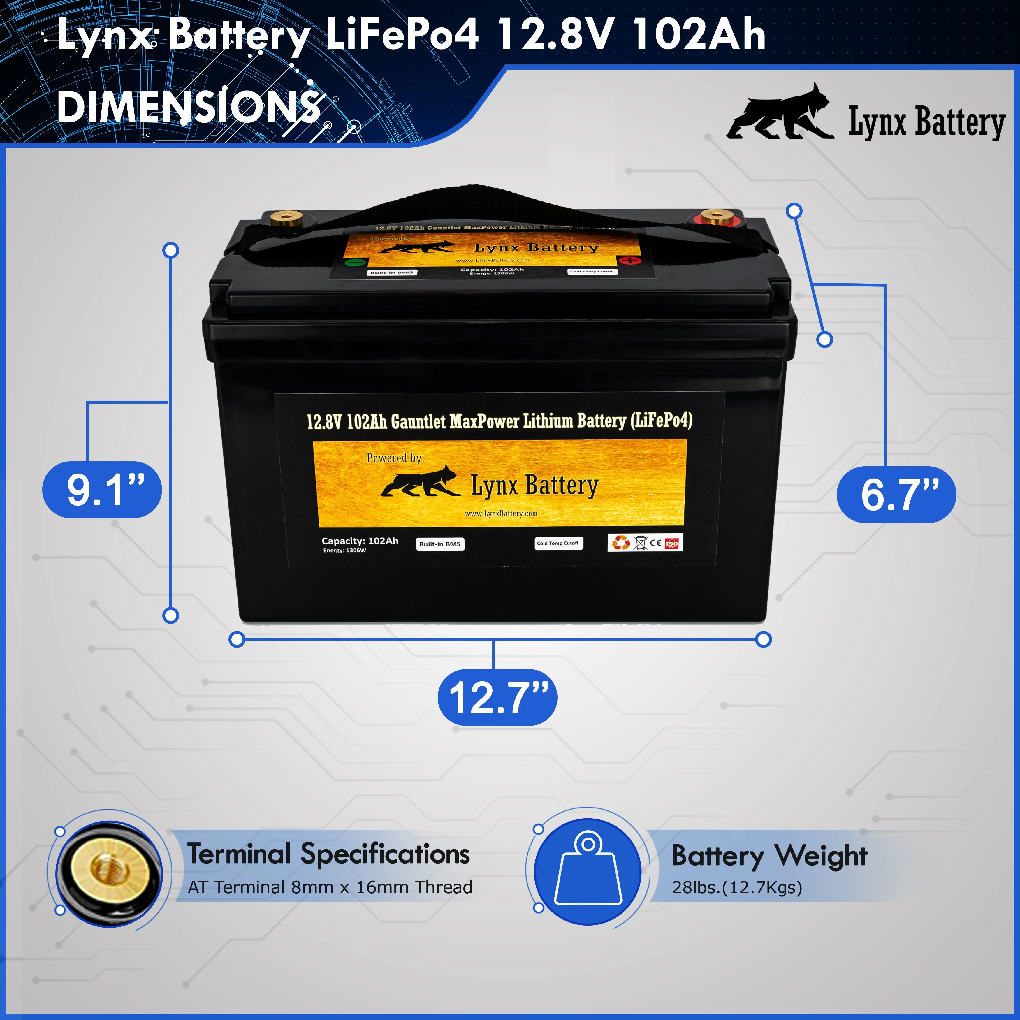 Lynx Lithium Battery 12V 100Ah, (LiFePO4)  NextGen Cells with Built-in Bluetooth HPBMS w/Cold Cut Off