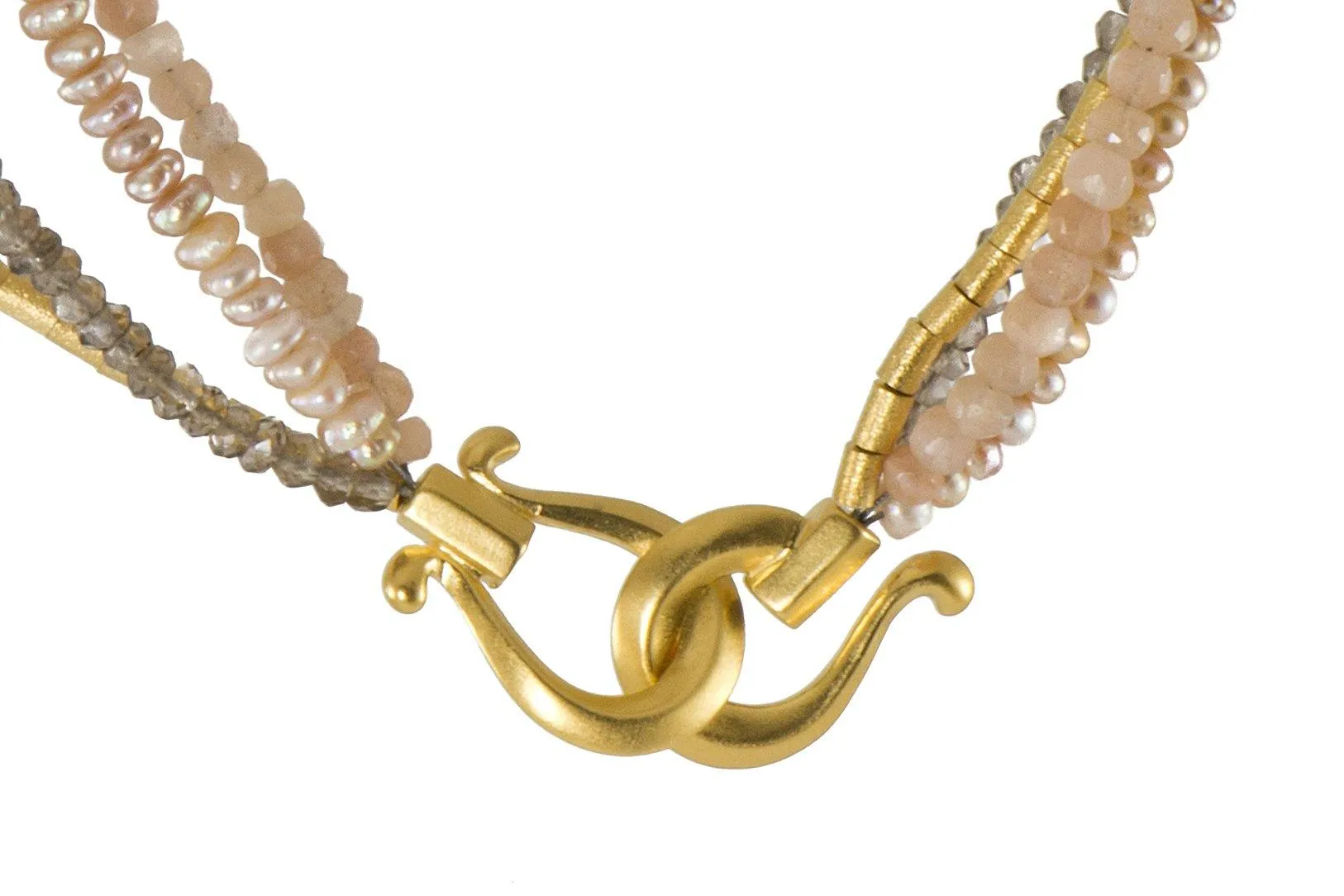 Multi Strand Peach Moonstone, Smoky Quartz, Natural Pearls and Gold Tube Necklace 24K Fair Trade Gold Vermeil