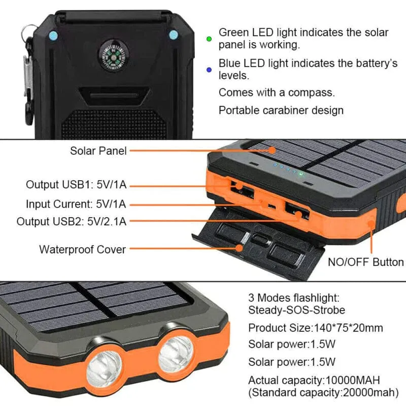 SMAXPro™ Portable Solar Power Bank: HIGH 20,000mAH, 2 USB Ports, Compass, Cell Phone Charger