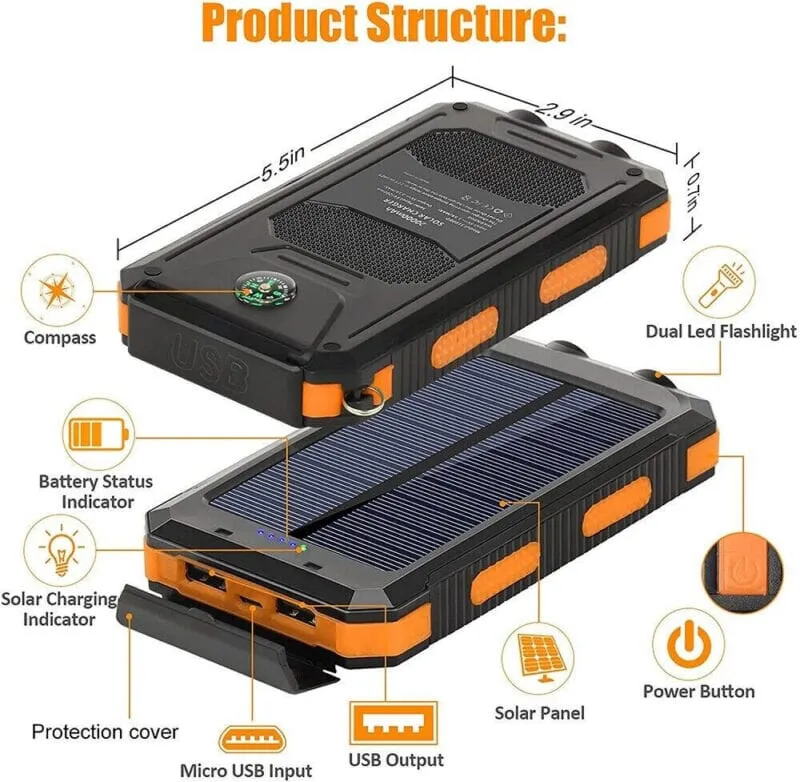 SMAXPro™ Portable Solar Power Bank: HIGH 20,000mAH, 2 USB Ports, Compass, Cell Phone Charger